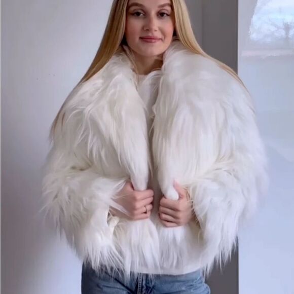 Zara Faux Fur Cardigan Lapel Collar Jacket White Nwt - Picture 12 of 16